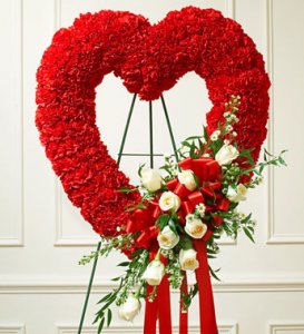 Red Sympathy OPen Heart Standing Spray with White Roses