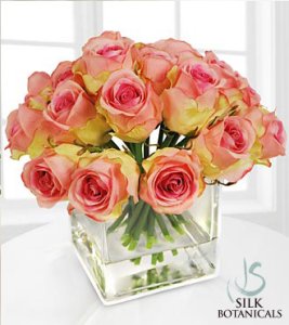 Pink Rose Buds in Square Glass Vase (image for) Pink Rose Buds in Square Glass Vase